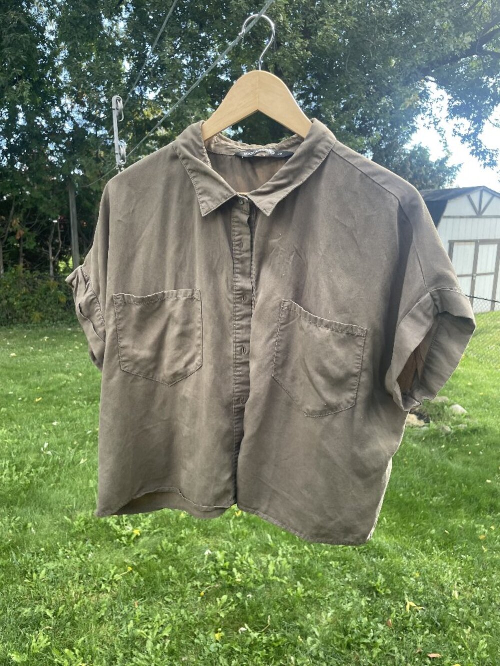 Maison Scotch Oversized Olive Khaki Short Sleeve Button-Up Shirt